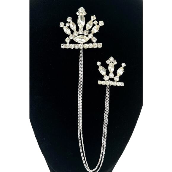 Vintage Sterling Chatelaine Brooch Pin Rhinestone Double Crowns Chains - Picture 3 of 10